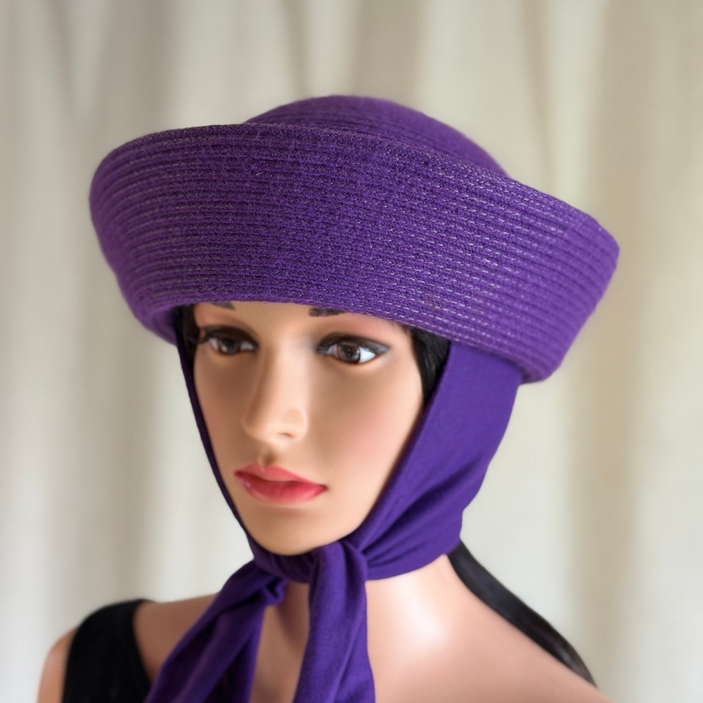 Vtg Y2K Bollman Purple Woven Straw Bucket Hat Attached Scarf Tie 60s Mod Cloche - Picture 2 of 8